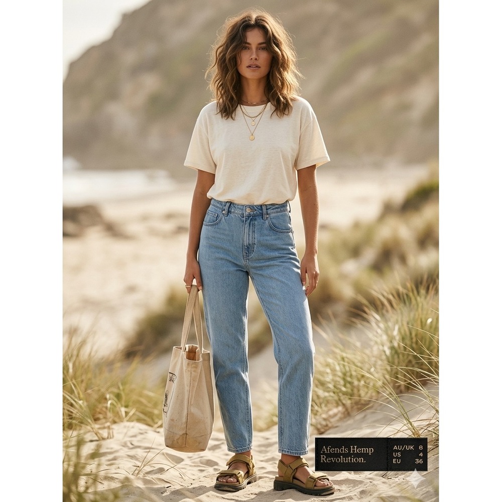 Afends Women Hemp Jeans 4 Light Blue Boho Sustainable High‎ Rise Straight Leg
